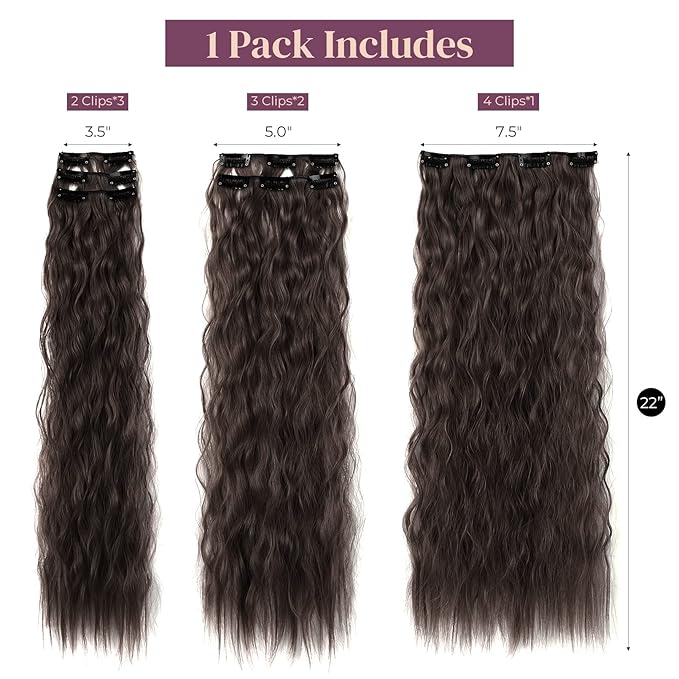 LONAI 6PCS Clip In Hair Extensions 24" Black Brown Hair Extension Long Mermaid Waves Synthetic Clip On Hairpiece For Women