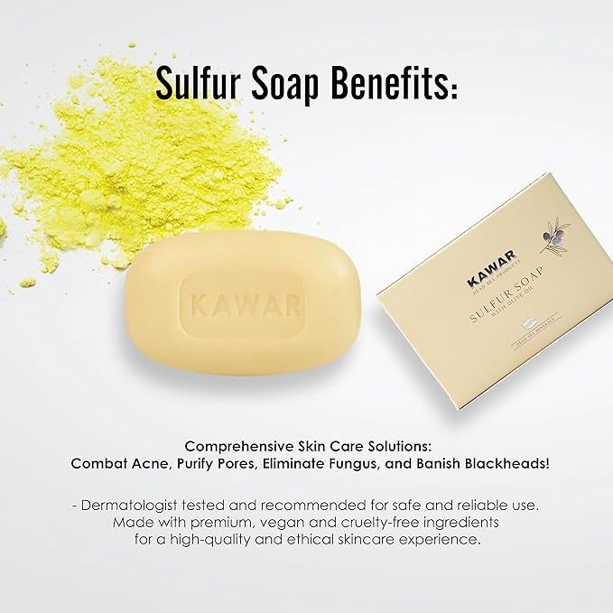 KAWAR Dead Sea Sulfur Soap with Olive Oil, Relief Skin Conditions Such as Acne, Psoriasis, Eczema & Blackheads, for Oily to Normal Skin, Vegan Soap Bar for Men & Women, 4.2 oz