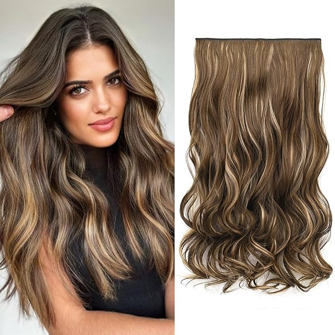 REECHO 20" 1-pack 3/4 Full Head Curly Wave Clips in on Synthetic Hair Extensions HE008 Hair pieces for Women 5 Clips 4.5 Oz Per Piece - Chocolate Brown with Blonde Highlights