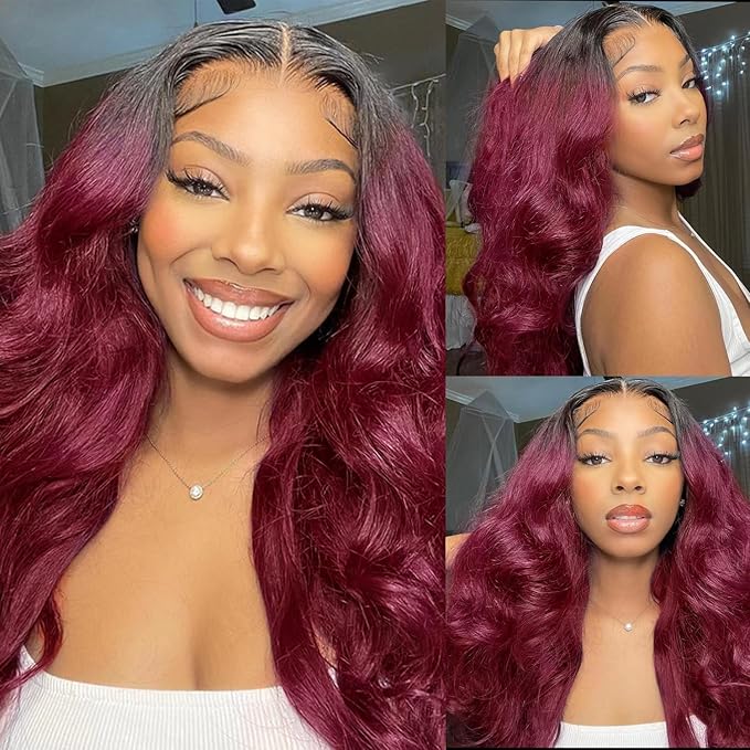 IUPin 1b 99j Burgundy Lace Closure Wigs Human Hair Body Wave Ombre Color Glueless Pre Plucked Human Hair Wigs for Women Natural Hairline with Baby Hair Colored Wine Red 24inch