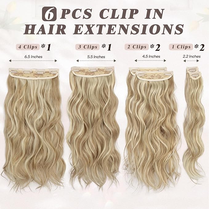 BARSDAR Light Ash Blonde Mix Clip in Hair Extensions - 6PCs Beach Wavy Blonde Highlight Clip in Hair Extensions for Women - 20 Inch Thick Soft Synthetic Clips on Hairpieces Daily Party Halloween