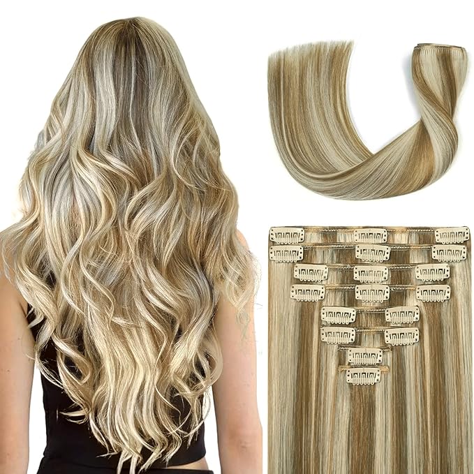 Clip in Hair Extensions Real Human Hair 16Inch 8pcs 90g Seamless Balayage Blonde Hair Extensions Clip Ins Double Weft Light Blonde Highlight Golden Blonde Invisible Straight Remy Human Hair for Women