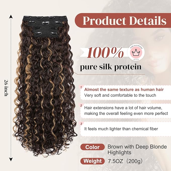 LONAI 4PC Clip in Hair Extensions, 100％ Pure Protein Silk Curly Hair Extension for Women, 26 Inch Long Soft Natural Hair Extensions-Brown with Deep Blonde Highlights