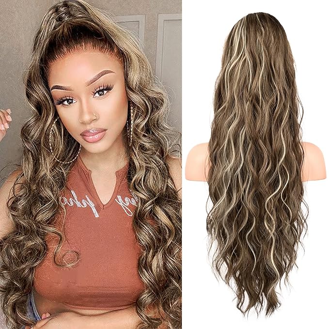 FLUFYMOOZ Ponytail Extension, 26 Inch Drawstring Ponytail Hair Extensions for Women， Long Curly Wavy Ponytail Natural Wavy Synthetic Hairpiece for Women (26 Inch Medium Brown Ash Blonde)