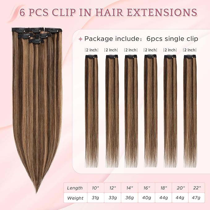SEGO Single Clip In Hair Extensions Real Human Hair 6 Pcs Individual Clip Ins Highlight Remy Balayage Straight Soft Seamless Hairpieces for Women -16 Inch #2RP6 Dark Brown & Light Brown