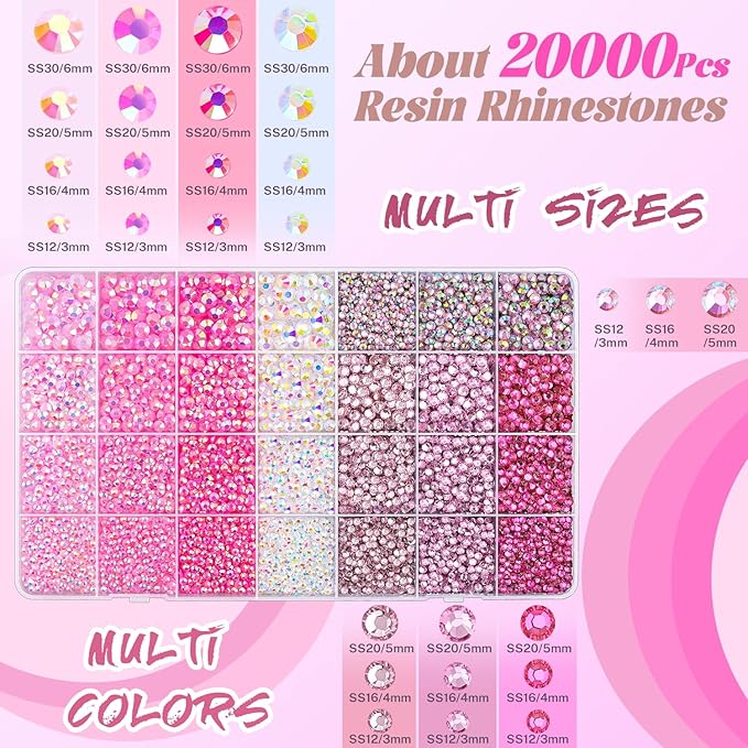 20000Pcs Pink Rhinestones for Bedazzling with 1Pcs B7000 Jewelry Glue, Resin Rhinestones for Crafting Crafts DIY, Bedazzler Kit Gems for Clothing Shoes Tumblers Nail Art Assorted Size 3/4/5/6mm