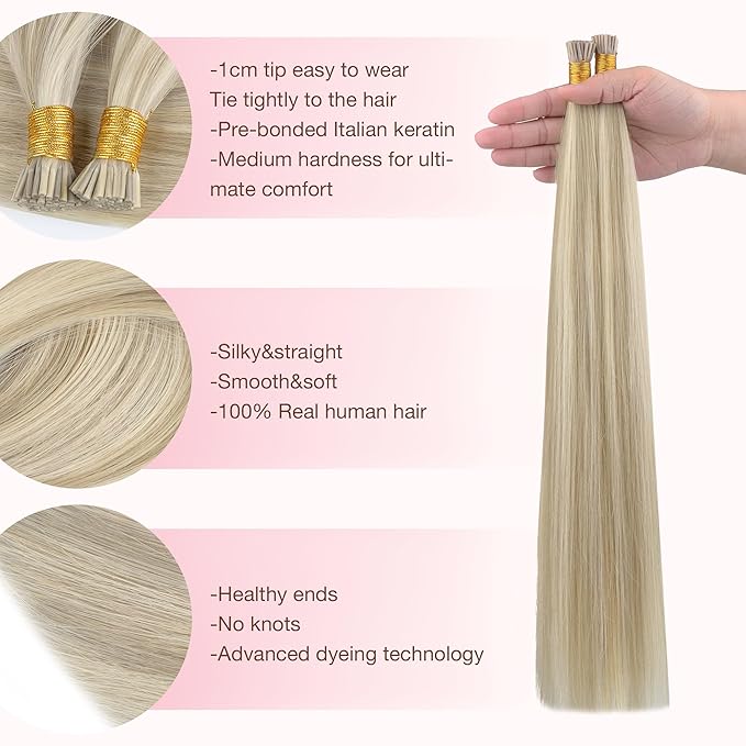 GOO GOO I Tip Hair Extensions, Real Human Hair, 14inch 50g 100S, Cold Fusion I Tip, Invisible Remy, 17A/60A Ash Blonde Highlighted Platinum Blonde