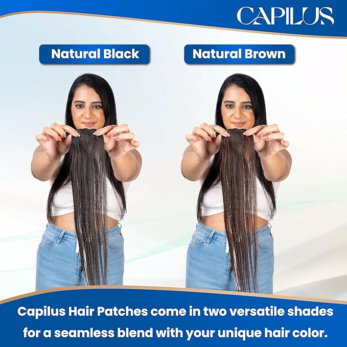 Capilus Invisible Hair Patch (Natural Brown, 12 Inch 1 Pack) | 100% Indian Human Hair Extensions for Women & Girls | Natural-Looking Volumizer | Undetectable, Durable & Non-Damaging Clip Mechanism