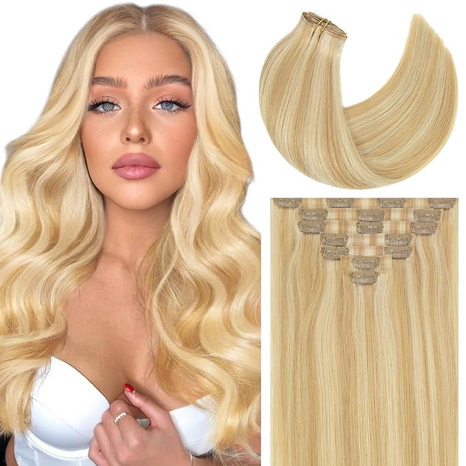 Caliee 18Inch Seamless Clip in Hair Extensions Real Human Hair Balayage P12-60A Dark Ash Blonde Mixed Platinum Blonde Hair Extensions Human Hair Straight Full Head 110G 7Pcs