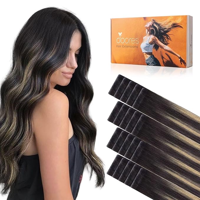 DOORES Invisi Edge Tape in Hair Extensions, Natural Black to Light Blonde 10 Injection Tape-ins with 10 Injection Tape-ins 50g 18 Inch, Injected Tape in Extensions Straight