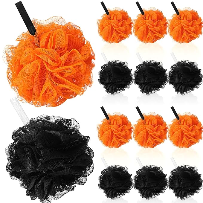 12 Pcs Christmas Bath Loofah Sponge Red Green Loofah Exfoliating Body Scrubber Shower Sponge 50g Mesh Shower Pouf Balls Gift Set for Women Men Bathing Accessories(Black,Orange)