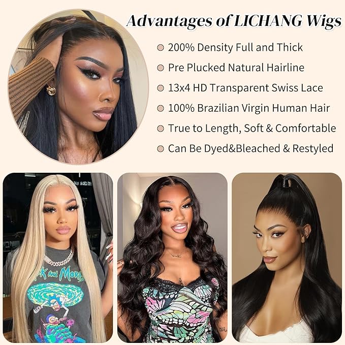 LICHANG 30 Inch Lace Front Wigs Human Hair 200 Density Real Human Hair Wig Straight 13x4 Pre Plucked HD Lace Frontal wigs