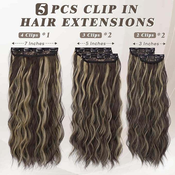 BARSDAR Wavy Clip in Hair Extensions - 20 Inch Highlight Hair Extensions Clip in for Women - 5PCs Thick Soft Synthetic Loose Wavy Clip in Hairpieces – Chocolate Brown with Highlights