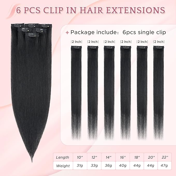 SEGO Single Clip In Hair Extensions Real Human Hair 6 Pcs Individual Clip Ins Remy Straight Soft Seamless Hairpieces for Women -14 Inch #01 Jet Black