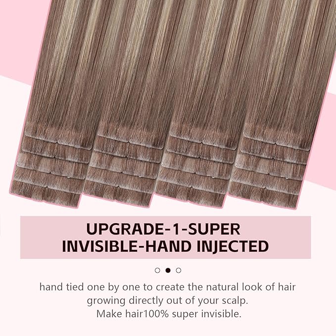 Invisible Tape in Hair Extensions Real Human Hair 3rd-Generation Pro3.0#8/60 Ash Brown to Platinum Blonde 20pcs 50g 22inch Insert Hand-Tied Tape ins Extensions（#8/60-22inch）