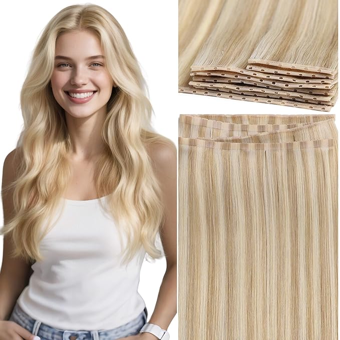 Lacer Double Invisible OVO Remy Hair Extensions Human Hair 16Inches Diy Butterfly Weft Hair Extensions Golden Blonde Highlight Platinum Blonde Micro Beads Real Human Hair 100 Grams Width 31.5"