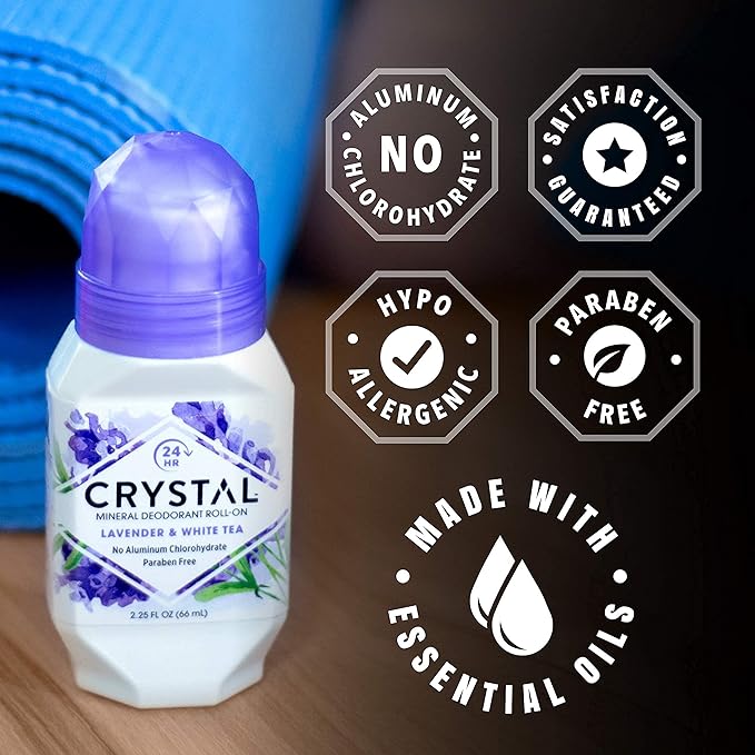 CRYSTAL Deodorant Aluminum Free Mineral Deodorant Roll-On for Women & Men, Lavender & White Tea - Paraben Free - Certified Cruelty Free & Vegan Deodorant - Prevents Odor Up to 24 Hours ,2.25 Fl Oz (Pack of 3),21661-3