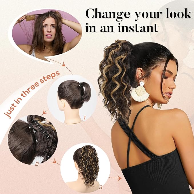 Flufymooz Ponytail Extension, 12" Short Claw Ponytail Extension Wavy Curly Jaw Clip in Pony tails Hair Extension Natural Synthetic Hairpiece for Women (Black Brown)