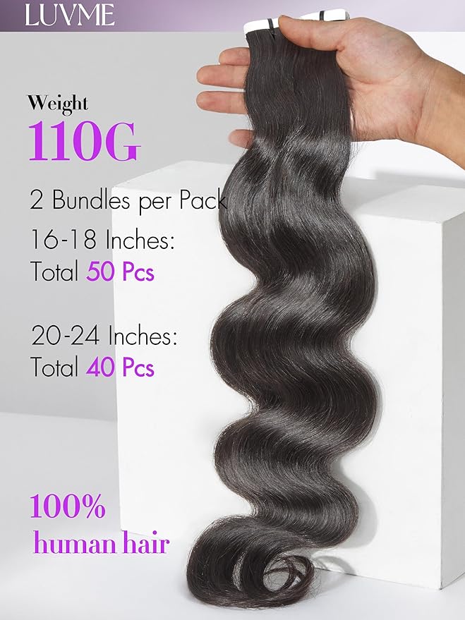 LUVME Tape in Hair Extensions Human Hair 14 Inch 110g 50pcs Body Wave Natural Black Double Sided Invisible Tape Extensions