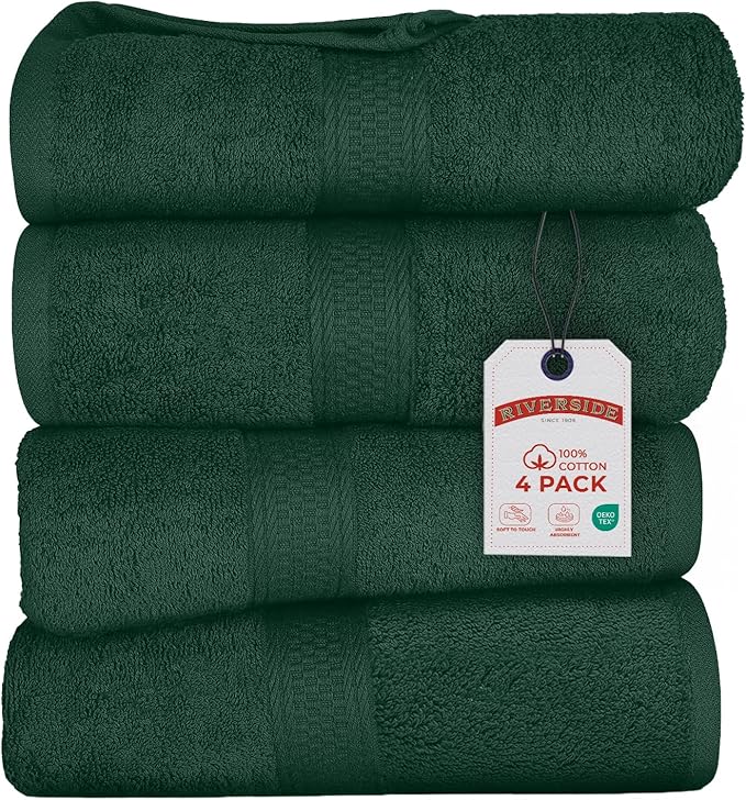 RIVERSIDE 100% Ring Spun Cotton Large Bath Towels Set of 4, 27 x 54 – Quick Dry, Soft & Highly Absorbent Towels for Shower & Bathroom – Luxury 600 GSM Towels for Home, Spa, Gym, Hotel, Hunter Green