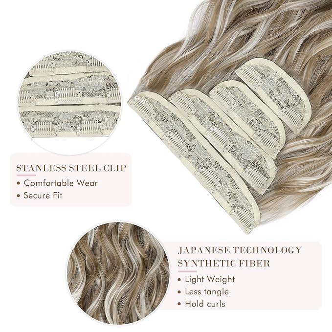 REECHO Hair Extensions, 4PCS Clip in Hair Extensions HE001 Natural Soft Synthetic Hairpieces for Women, Light Ash Brown with Highlights