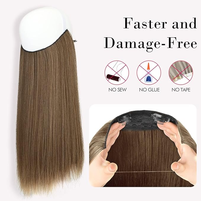 REECHO Invisible Wire Hair Extensions with Transparent Headband Adjustable Size Removable Secure Clips in Straight Secret Hairpiece for Women (16 Inch (Pack of 1), Light Ash Brown with Highlights)