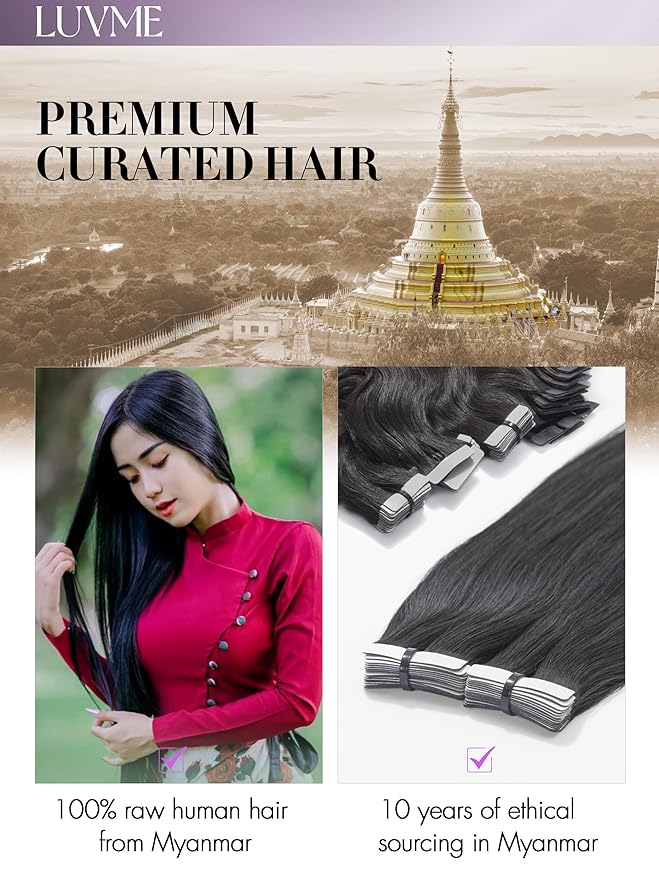 LUVME Tape in Hair Extensions Human Hair 22 Inch 50g 20pcs Silky Straight Natural Black Invisible Double Sided Tape Extensions