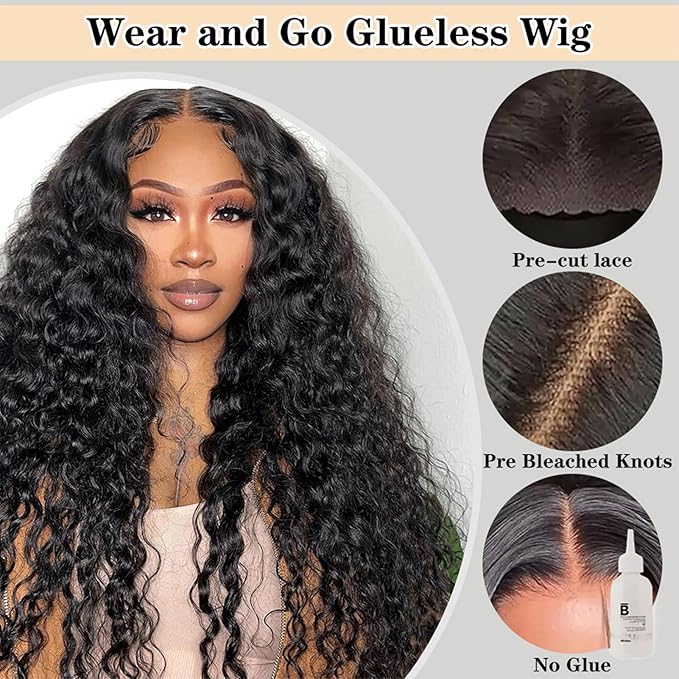Wear and Go Glueless Wigs Human Hair Pre Plucked Pre Cut 5x5 HD Closure Wigs Human Hair Deep Wave Lace Front Wigs for Black Women 210% Dentisy 12A Deep Curly Glueless Wig Bleached Knots (22 Inch) ﻿