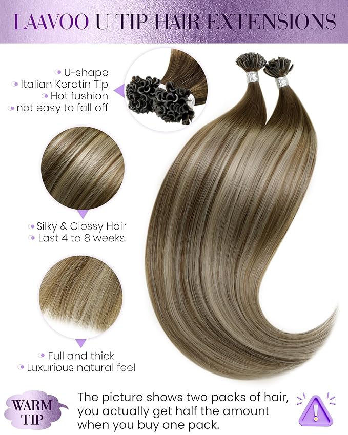 LaaVoo Utip Human Hair Extensions Balayage Medium Brown Ombre Dark Brown Mix Light Blonde Utip Hair Extensions Human Hair 16 Inch 50 G 50 S