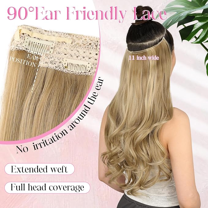 Invisible Wire Hair Extensions with Transparent Wire Adjustable Size 4 Secure Clips Long Wavy Secret Hairpiece 20 Inch for Women(Light Brown mix Golden Blonde)
