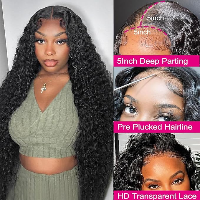 Manorshen 26 Inch 5x5 HD Lace Closure Wigs Human Hair Pre Plucked Deep Wave Human Hair Wigs for Black Women Glueless 180% Density Wet and Wavy Deep Curly Wig Natural Color with Baby Hair