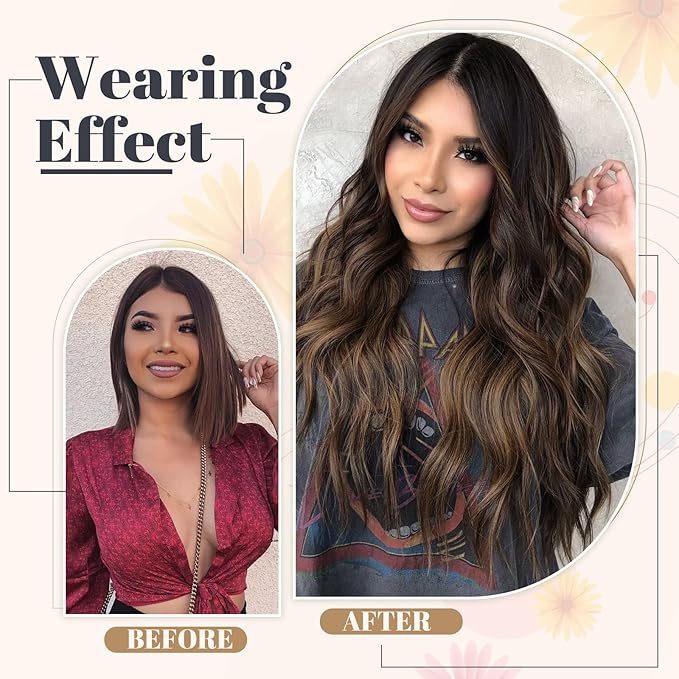 Vigorous Clip in Hair Extensions Black&Dark mix light brown Hair Extensions Clip ins 4PCS Thick Synthetic Wavy hair for Women