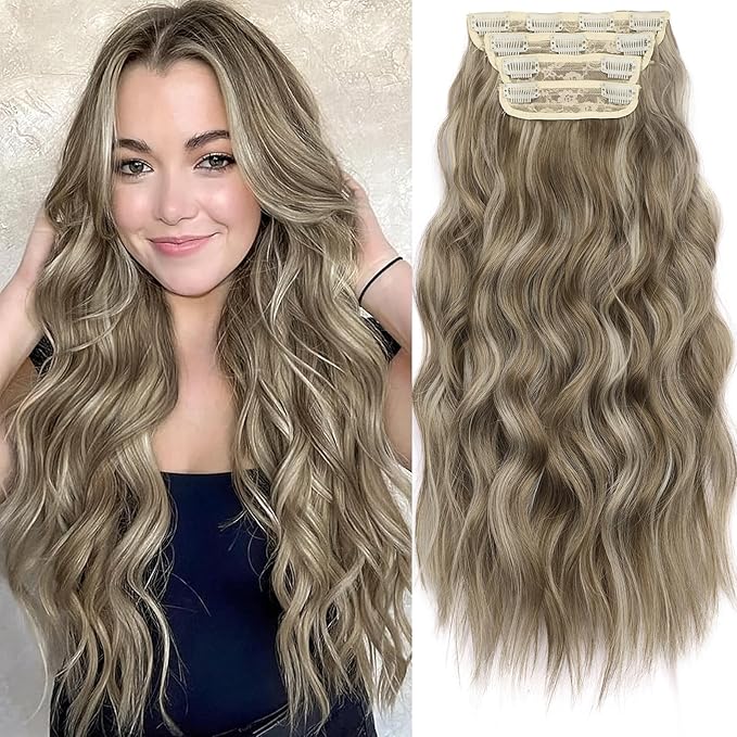 KooKaStyle Clip in Synthetic Hair Extensions Long Wavy 4PCS Thick Hairpieces Ash Brown mix Light Blonde Fiber Double Weft Natural Hair Extensions 20 Inch for Women
