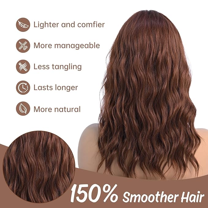Medium Length Dark Auburn Wavy Wigs for Women 18 Inch Middle Part Wavy Wig Natural Looking Synthetic Heat Resistant Fiber Wig for Daily Party Halloween (18 inch)