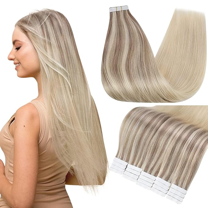 Full Shine Tape in Hair Extensions Human Hair 20pcs Nordic Real Human Hair 12 Inch Tape in Extensions Color 18 Ash Blonde Fading To 22 And 60 Platinum Blonde Hair Extensions Tape Ins 30G Add Volume