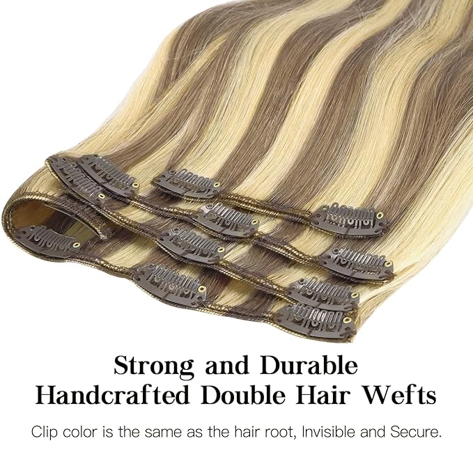 HOTBANANA Human Hair Clip in Hair Extensions, Ash Brown Highlighted Golden Blonde Hair Extensions 120g Clip in Hair Extensions Real Human Hair Straight Remy Hair Clip Ins 22 Inch 7pcs