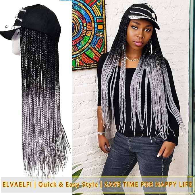 24in 3x Braided Wigs Hat Ombre Silver Gray, Ghic Bling Cap Wig for Women Girls Easy Style
