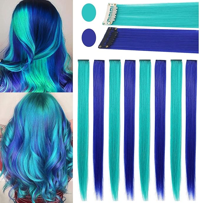 8 PCS Blue Teal Hair Accessories Clip in Colored Hair Extensions for Girls Colorful Hair Pieces Party Highlights Heat Resistant Synthetic Mutilcolors Straight Wig Pieces (Blue Teal)