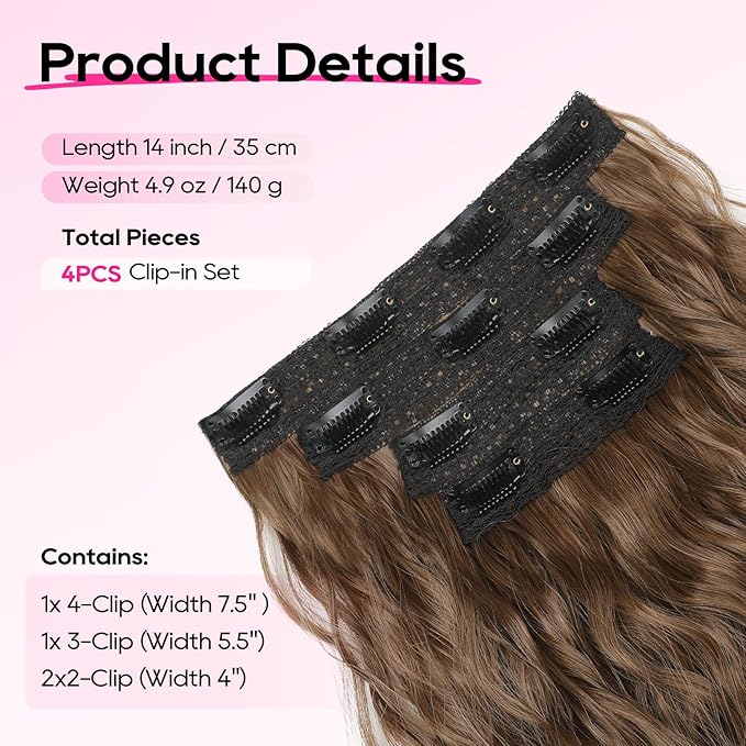 REECHO Clip in Hair Extensions, 4PCS Hair Extensions 14" Short Wavy Invisible Lace Weft Natural Soft Hairpieces for Women – Light Brown
