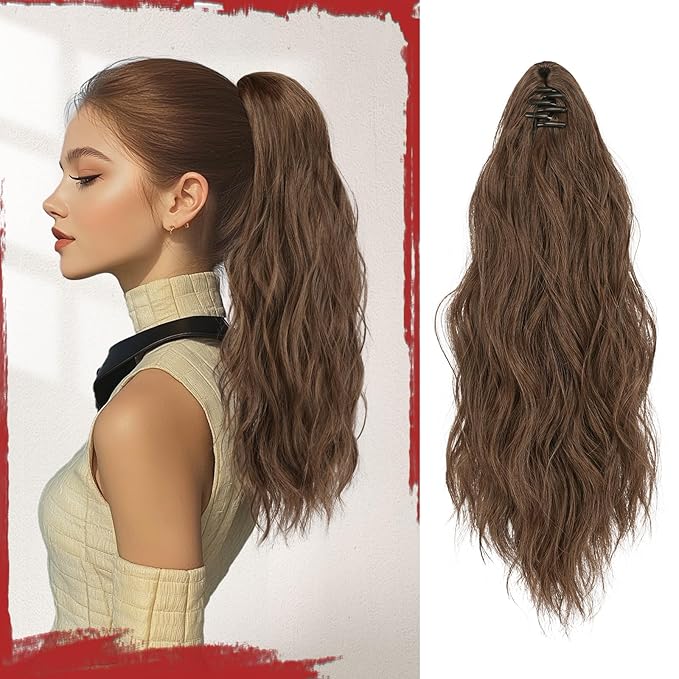 SOFEIYAN Ponytail Extension 16" Curly Wavy Claw Clip Ponytail Hair Extensions Small Claw Clip in Hairpiece Fluffy Clip on Pony Tails Jaw Clips for Women Synthetic Hairpiece, Brown/Light Auburn Mixed