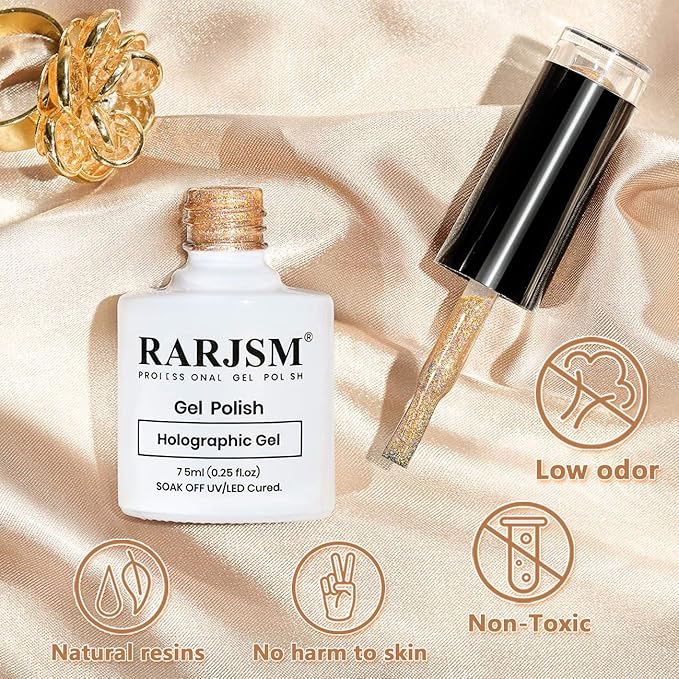 RARJSM Holographic Nail Polish Shimmer Gold Gel Polish Unicorn Effect Nail Gel 7.5ML Curing Required Nail Art Colors Home GelManicure