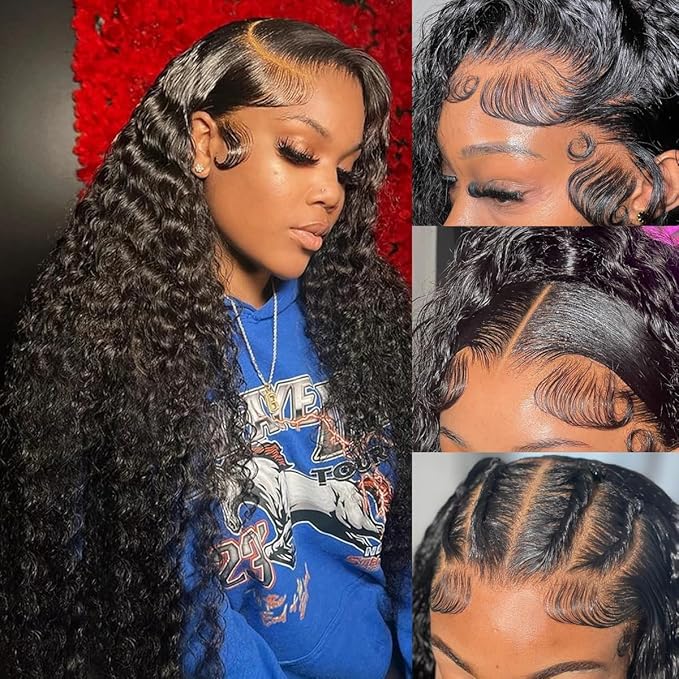 30 Inch Deep Wave Lace Front Wigs Human Hair 200 Density 13x4 Lace Frontal Wigs Human Hair Pre Plucked Deep Curly Wigs Human Hair for Women Nature Black