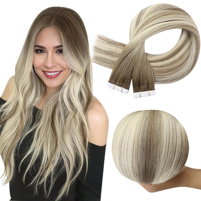 Full Shine Virgin Tape in Extensions 12Inch Color 8/8/613 Remy Invisible Tape in Hair Extension Double Sided Seamless Skin Weft Real Human Hair Straight 20 PCS 30 Gram for Woman Add Volume Natural