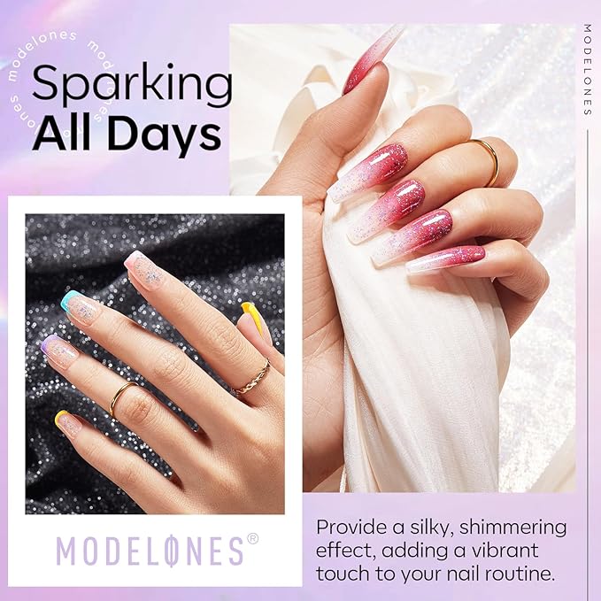 modelones Glitter Gel Nail Polish Top Coat, Rainbow Confetti Gel Top Coat with Scattered Sparkle Shimmer Sequins, Soak Off Long Lasting High Glossy Finish Home Salon DIY Manicure Nail Art