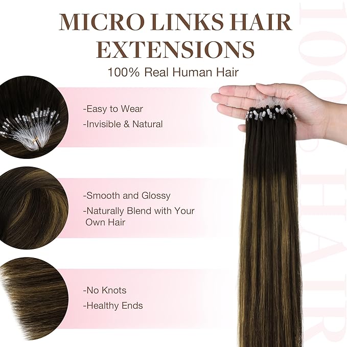 GOO GOO Micro Link Tip Hair Extensions, 22inch 50g 50S, Cold Fusion Invisible Remy Human Hair, 1B/6/1B Balayage Natural Black to Chestnut Brown