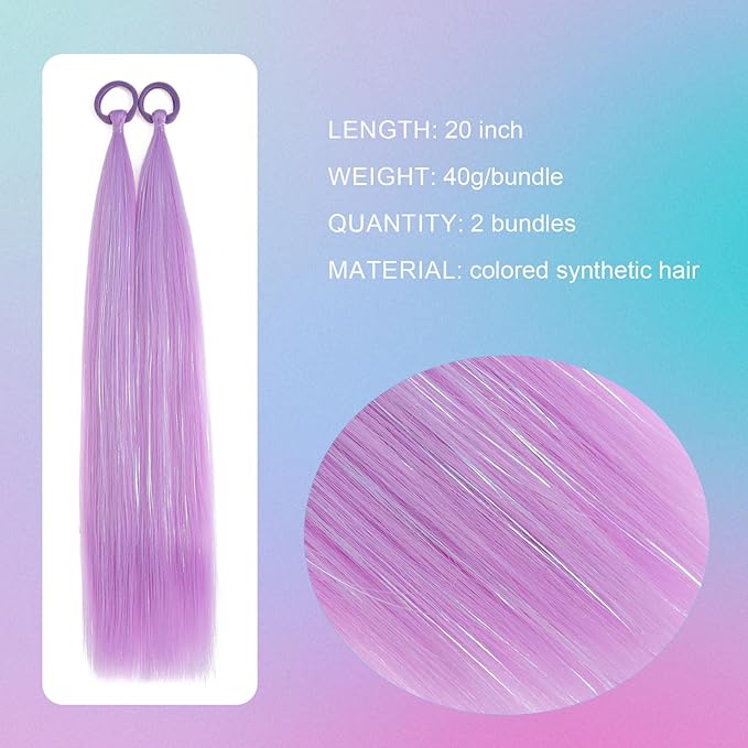 Colored Hair Extensions Purple Ponytail Extension 2 Packs, 20 inch Crazy Hair Day Accessories for Women, DIY Festival Wacky Rave Braids,Tinsel Mixed