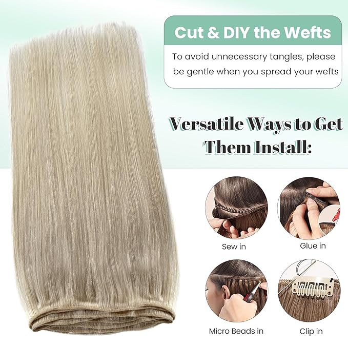 Blonde Sew in Hair Extensions Real Human Hair for Women, Licoville Human Hair Weft Extension Platinum White Blonde Sew in Weave Bundles 12 Inch 80G Short Straight Hand Tied Weft Hair Extensions