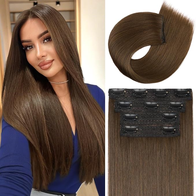 Clip in Hair Extensions Long Straight Hairpieces 22 Inch Medium Ash Brow 4PCS Ultra-thin and breathable Hairpieces Fiber Double Weft Hair for women