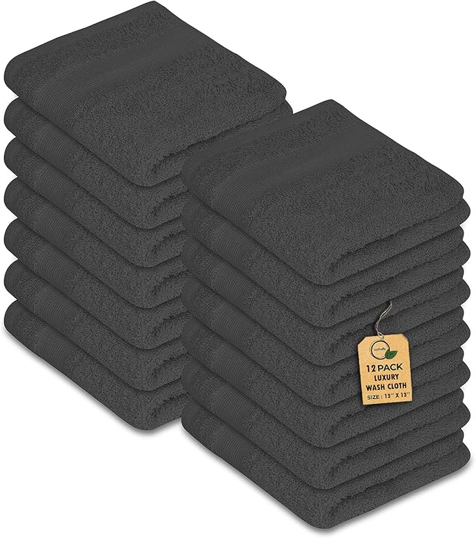 Premium Wash Cloths Pack of 12 (13" x 13") 100% Ring Spun Cotton | Luxury Washcloths | Ultra Soft Face Towels | Highly Absorbent Wash Cloths for face (Grey)