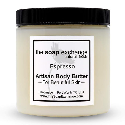 The Soap Exchange Body Butter - Espresso Scent - Hand Crafted 4 fl oz / 120 ml Natural Artisan Skin Care, Shea Butter, Aloe Vera, Nourish, Moisturize, & Protect. Made in the USA.